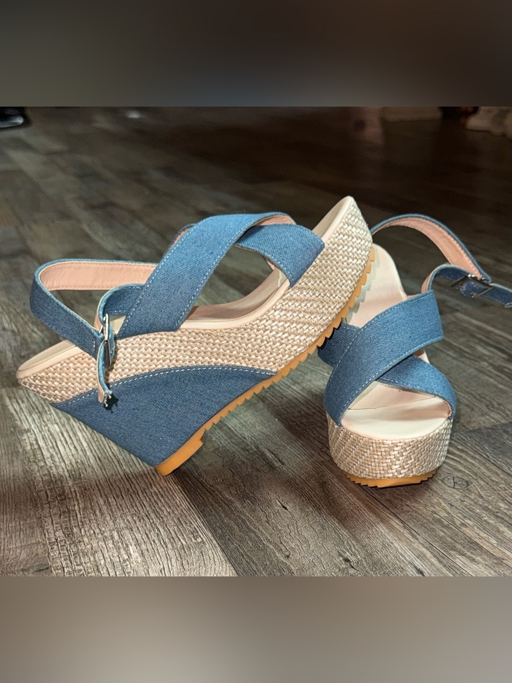 Denim Blue Wedge Sandals with Cross-Strap Design